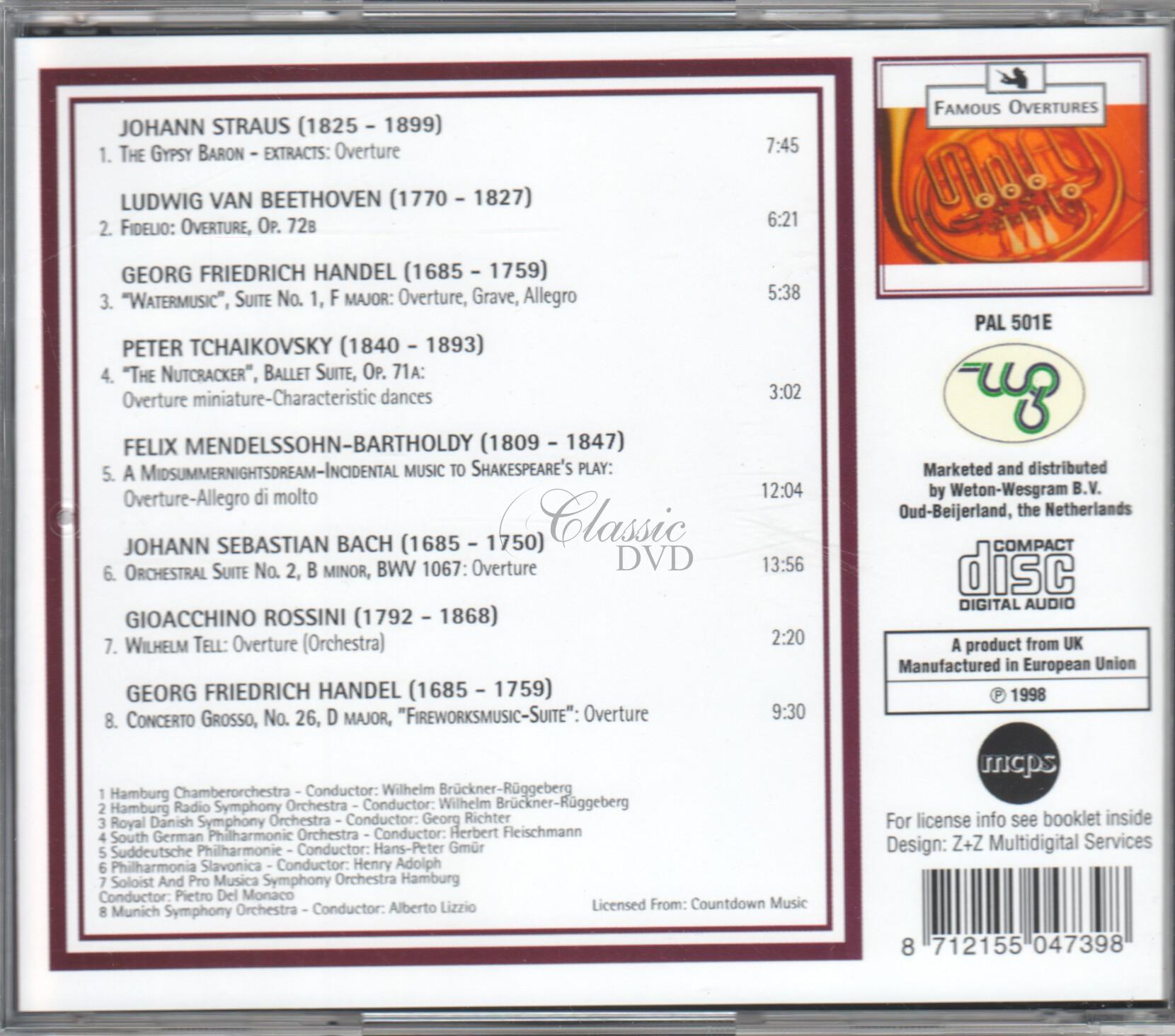 STRAUSS BEETHOVEN HANDEL TCHAIKOVSKY MENDELSSOHN ROSSINI BACH Famous Overtures (CD)