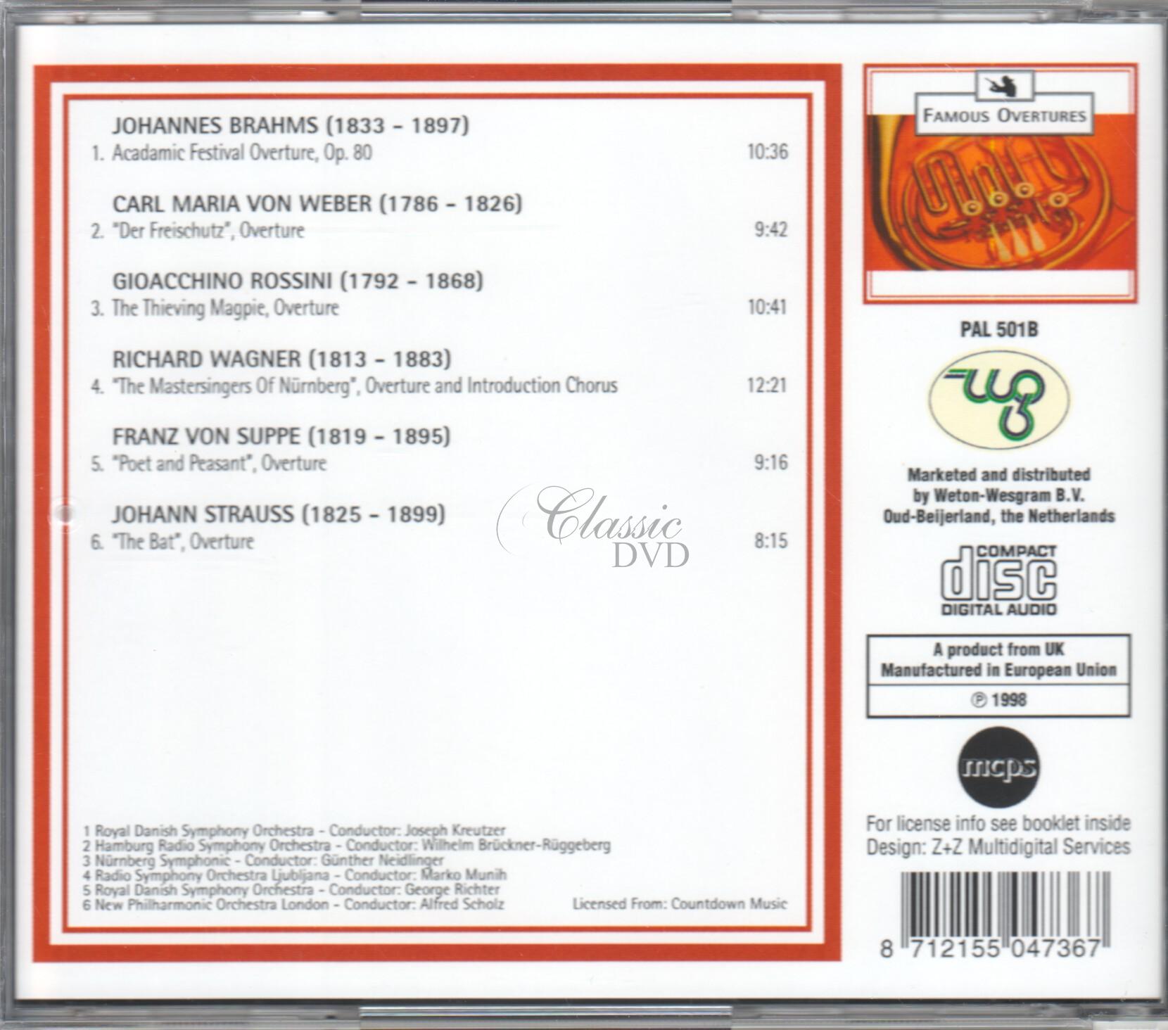 BRAHMS WEBER ROSSINI WAGNER SUPPE STRAUSS Famous Overtures (CD)