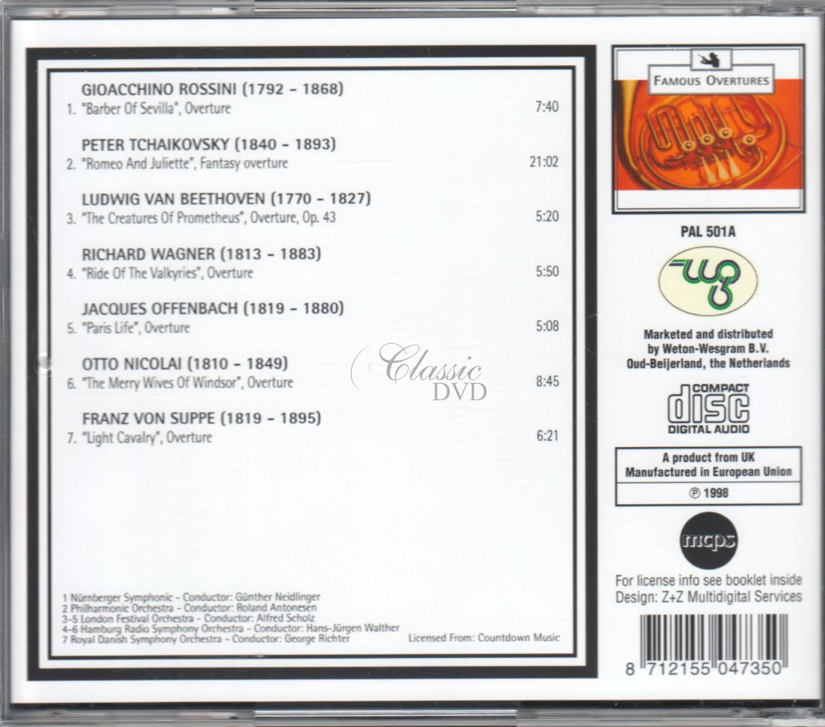 ROSSINI TCHAIKOVSKY BEETHOVEN WAGNER OFFENBACH NICOLAI SUPPE Famous Overtures (CD)
