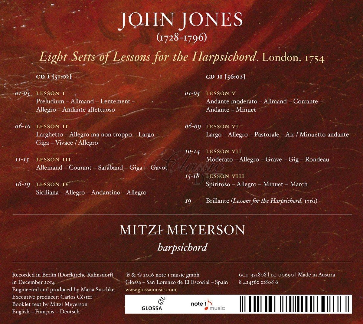 JOHN JONES - EIGHT SETTS OF LESSONS FOR THE HARPSICHORD (2CD)