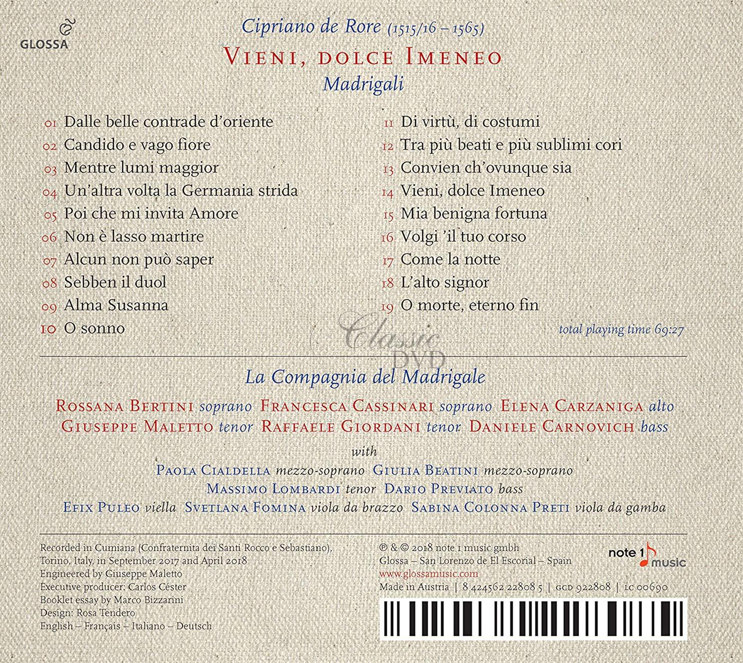 CIPRIANO DE RORE (1515/16-1565) Vieni, dolce Imeneo. Madrigali (CD)