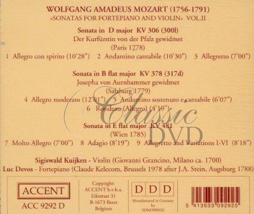 MOZART - SONATAS FOR FORTEPIANO AND VIOLIN VOL.2. SIGISWALD KUIJKEN, LUC DEVOS (CD)