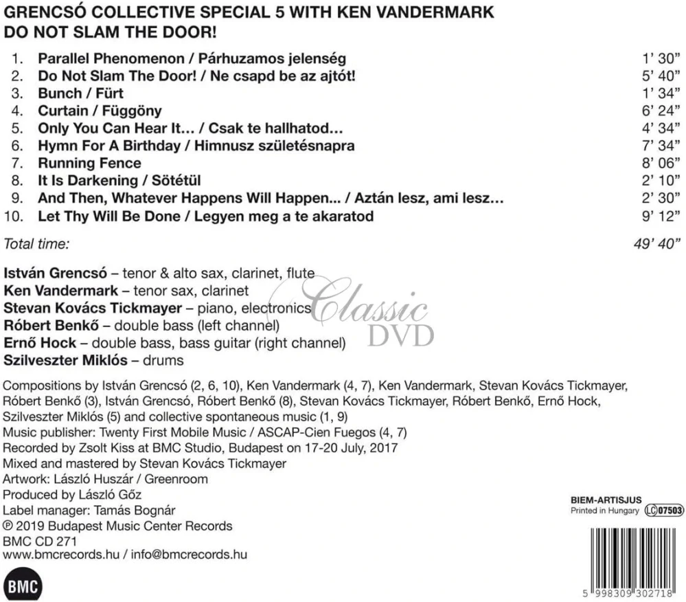 Grencsó Collective Special 5 with Ken Vandermark - Do Not Slam the Door! (CD)