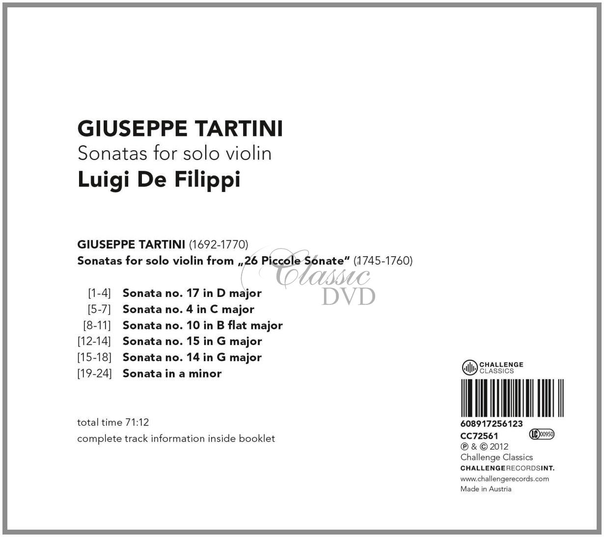 TARTINI: SONATAS FOR SOLO VIOLIN. LUIGI DE FILIPPI, VIOLIN (CD)