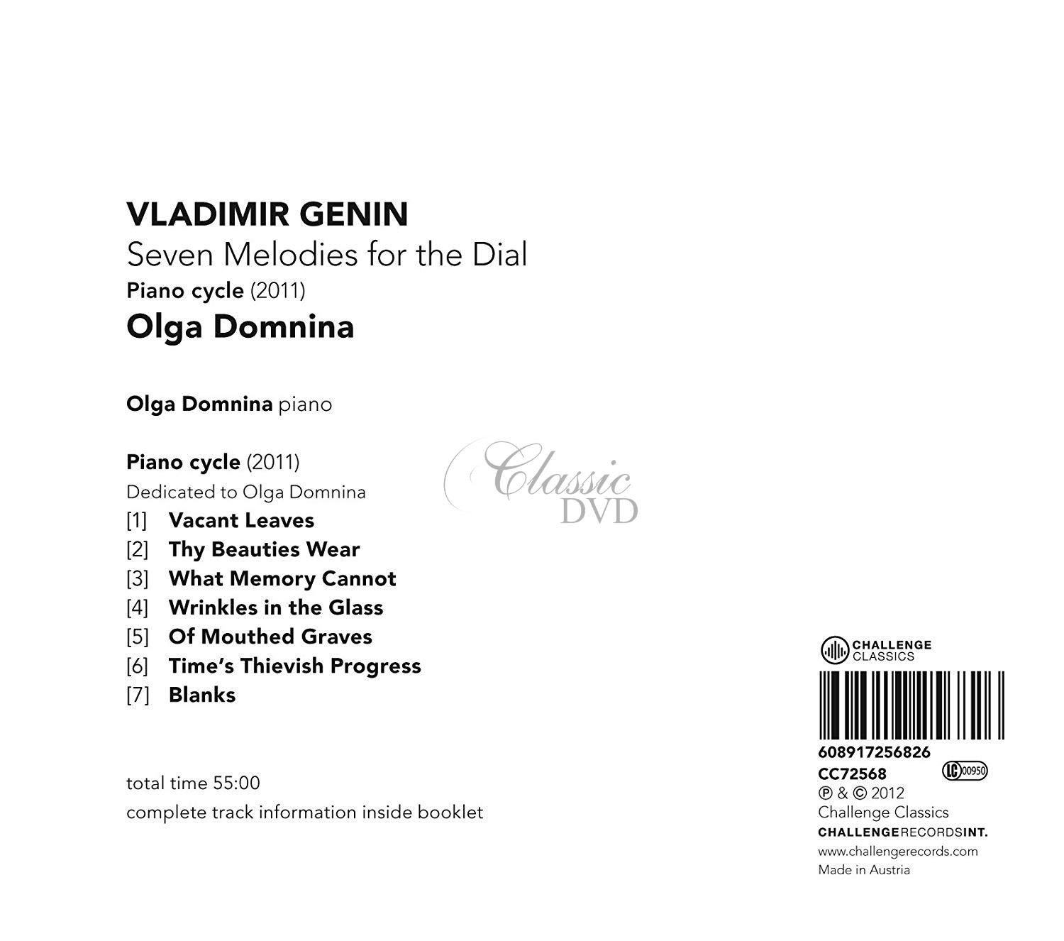 VLADIMIR GENIN: SEVEN MELODIES FOR THE DIAL - PIANO CYCLE 2011. OLGA DOMNINA, PIANO (CD)