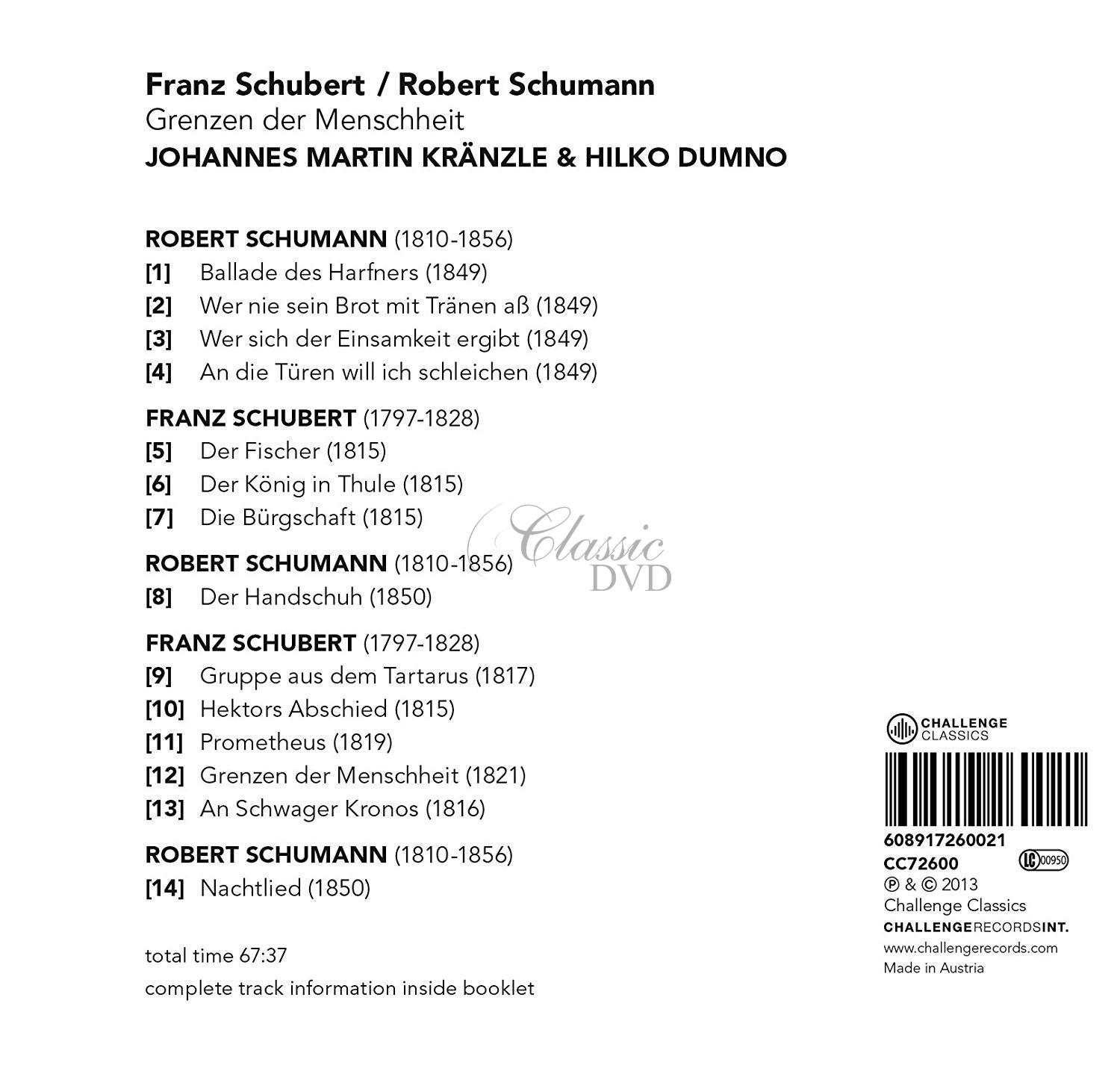 SCHUBERT.SCHUMANN: GRENZEN DER MENSCHHEIT. JOHANNES MARTIN KRANZLE & HILKO DUMNO (CD)