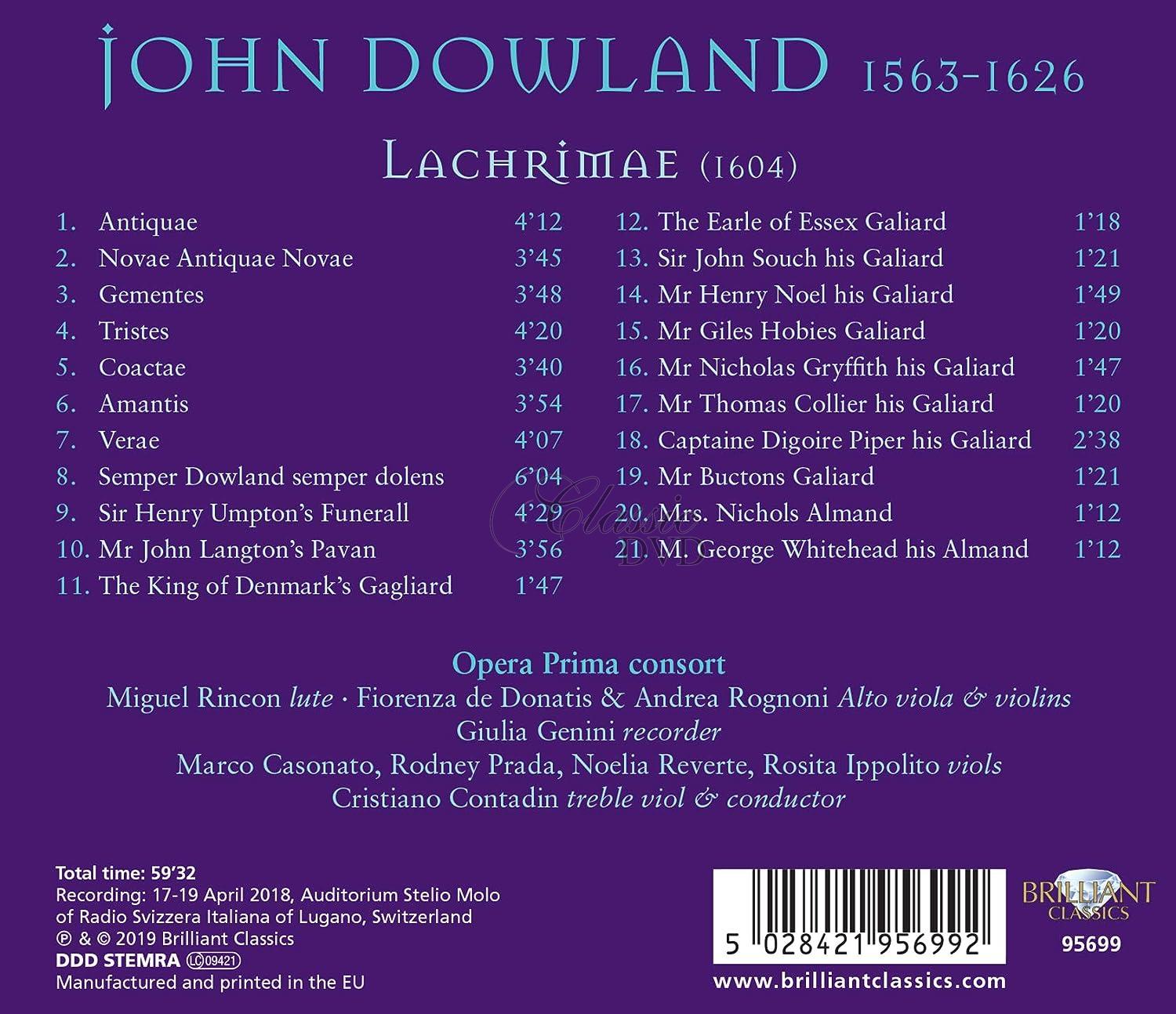 DOWLAND: Lachrimae; Opera Prima Ensemble, Cristiano Contadin (CD)