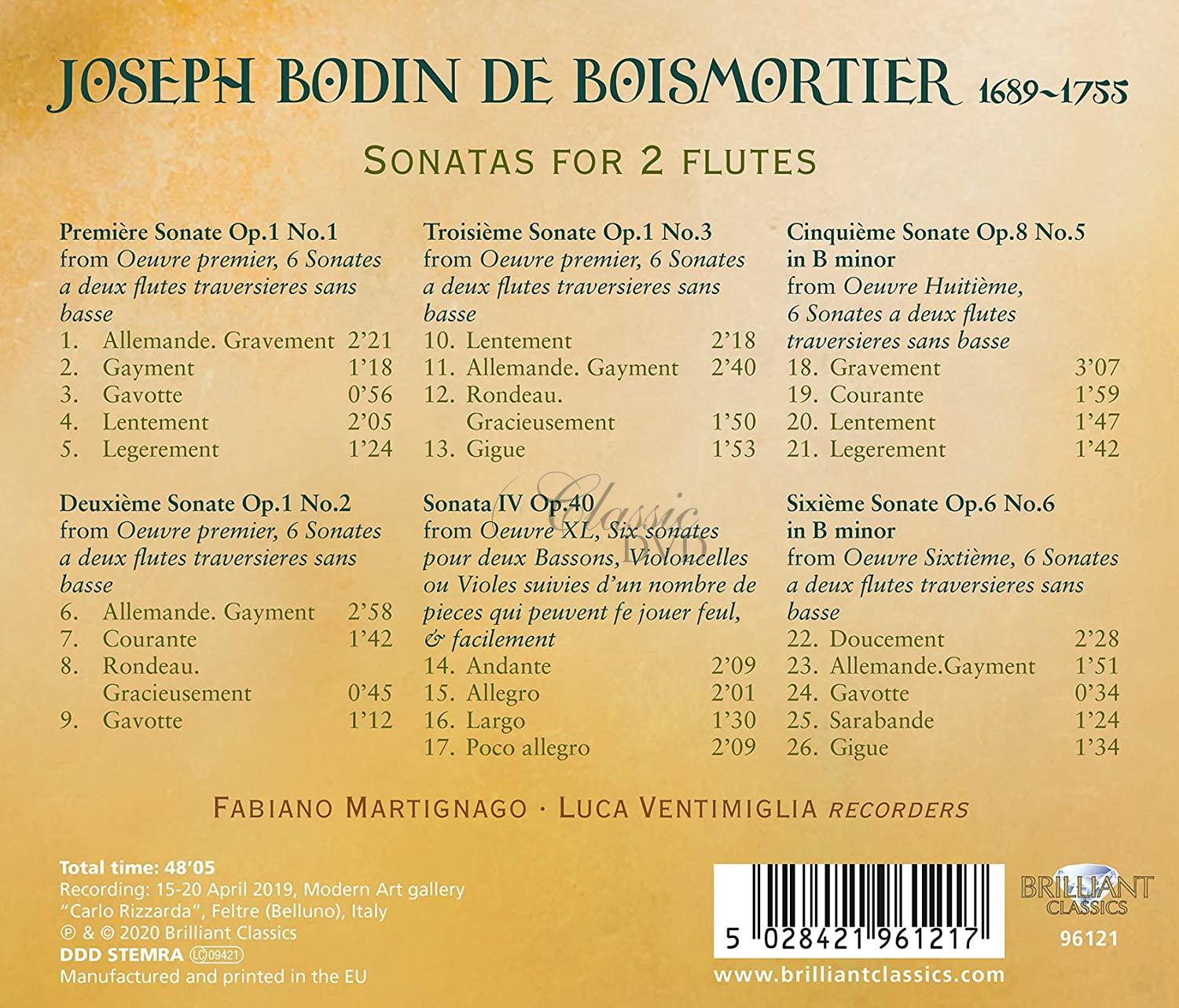 JOSEPH BODIN DE BOISMORTIER Sonatas for 2 Flutes (CD)
