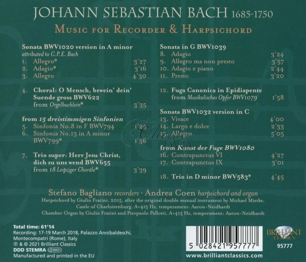 J.S. Bach: Music for Recorder & Harpsichord (CD)