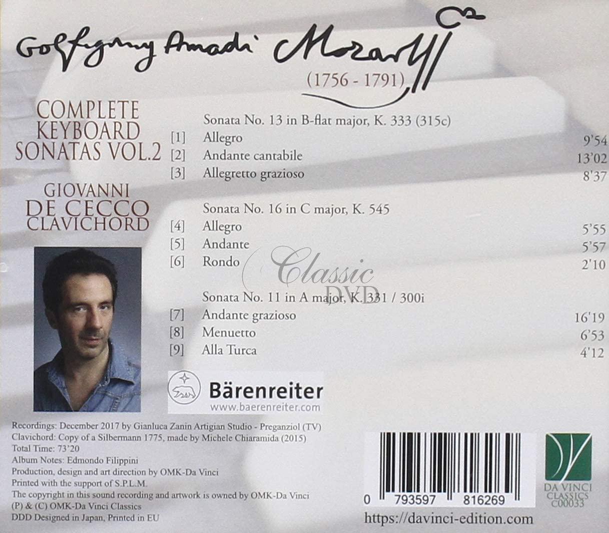 MOZART: COMPLETE KEYBOARD SONATAS VOL. 2 (K 333, K 545, K 331). DE CECCO, GIOVANNI (CD)