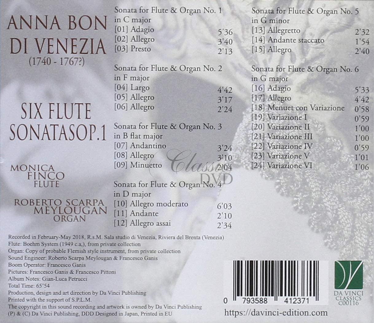 ANNA BON: SIX FLUTE SONATAS OP. 1. FINCO, MONICA, MEYLOUGAN, ROBERTO (CD)
