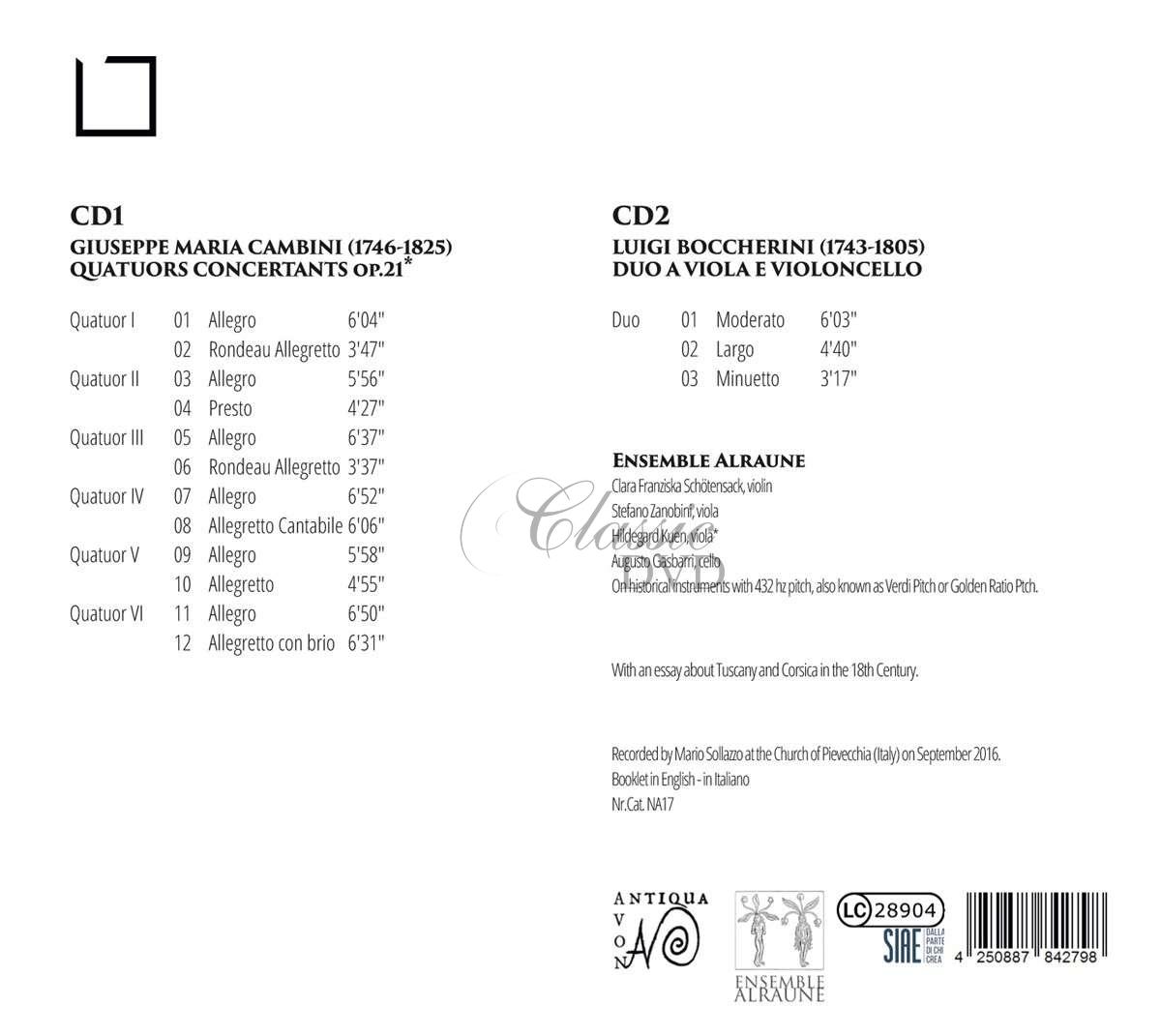 Giuseppe Maria Cambini: Quatuors concertants op. 21 Nr. 1-6 für Violine, 2 Violen, Cello / Luigi Boccherini: Duo für Viola & Cello (2CD)