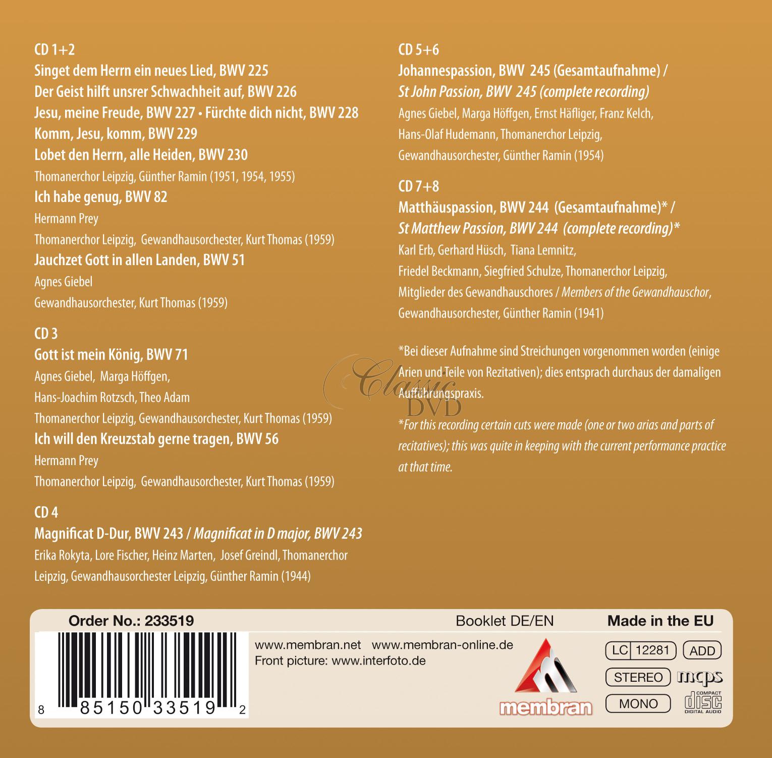 Thomanerchor - J.S.Bach - Motets, Cantatas, Matthaus-Passion, Johannes-Passion (8CD)