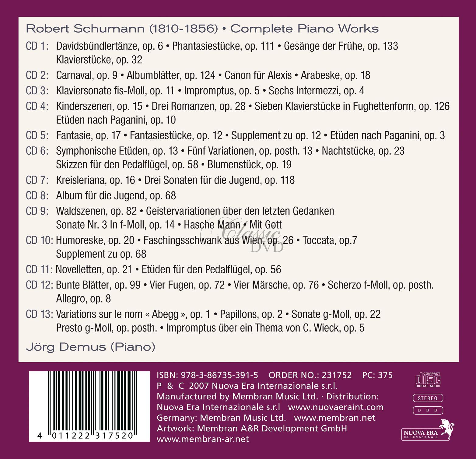 SCHUMANN - COMPLETE PIANO WORKS. JORG DEMUS (13CD)