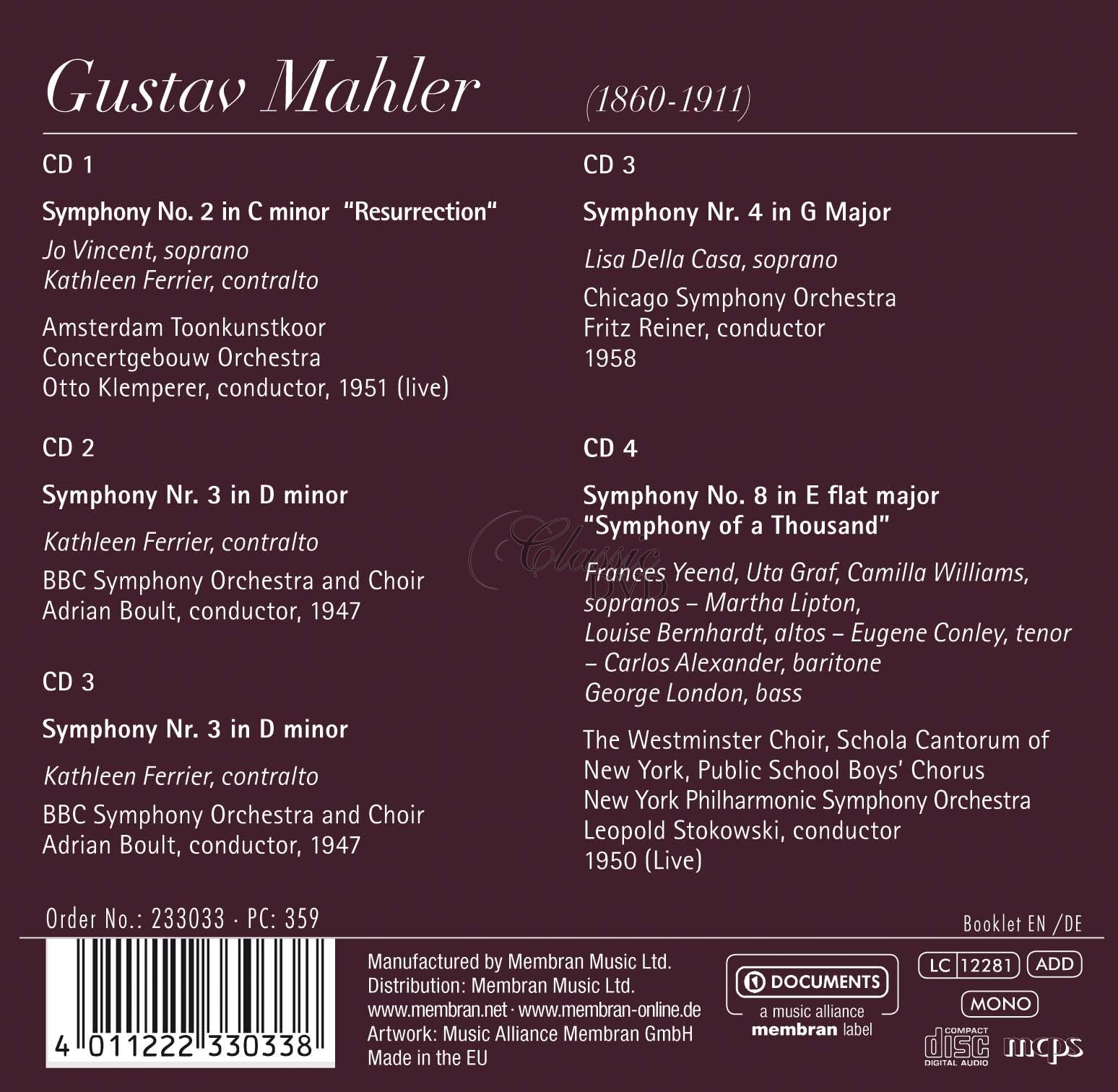 MAHLER Vocal Symphonies 2, 3, 4, 8 (4CD)