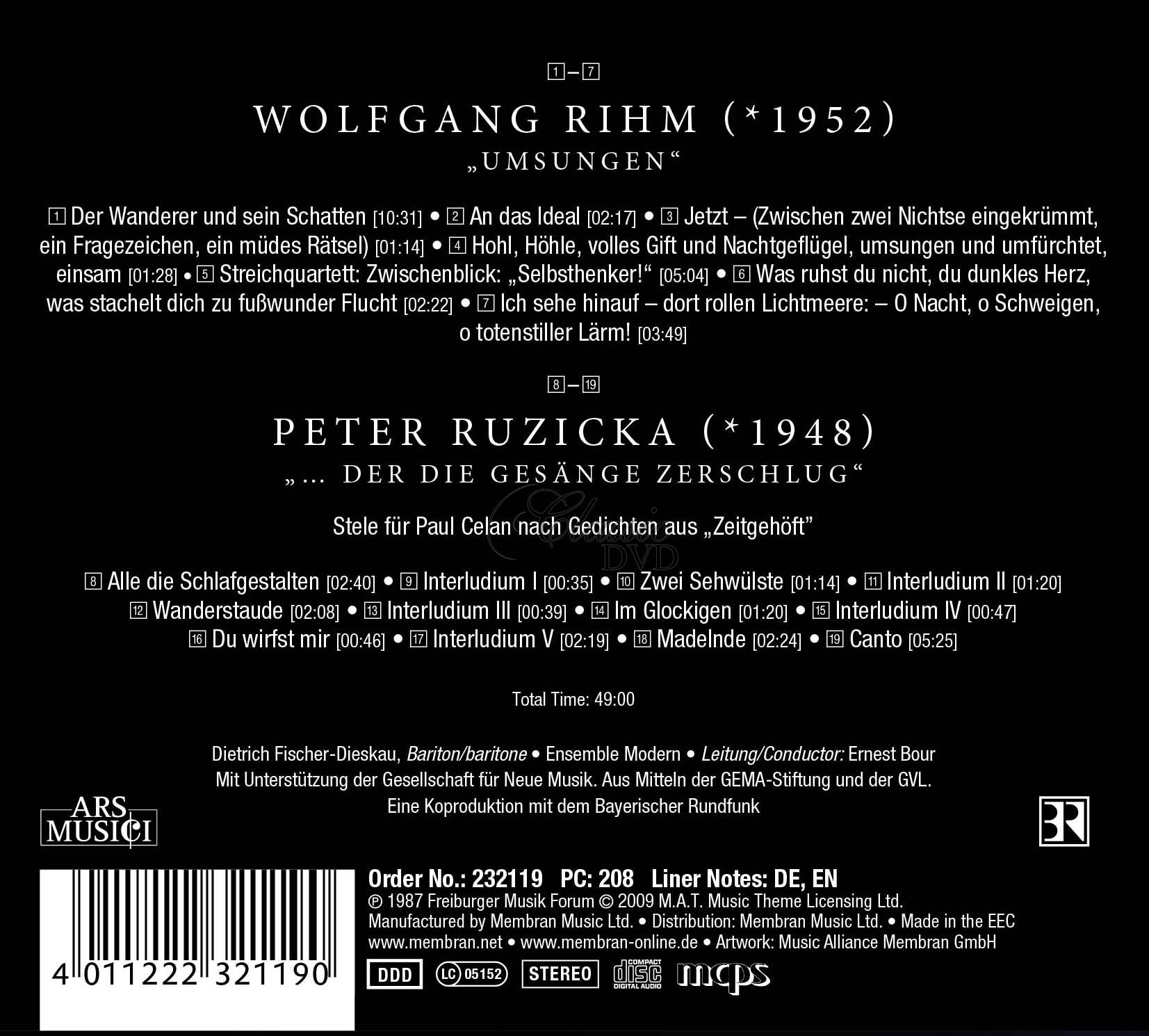 Wolfgang Rihm: Umsungen / Peter Ruzicka: der die Gesänge zerschlug (CD)
