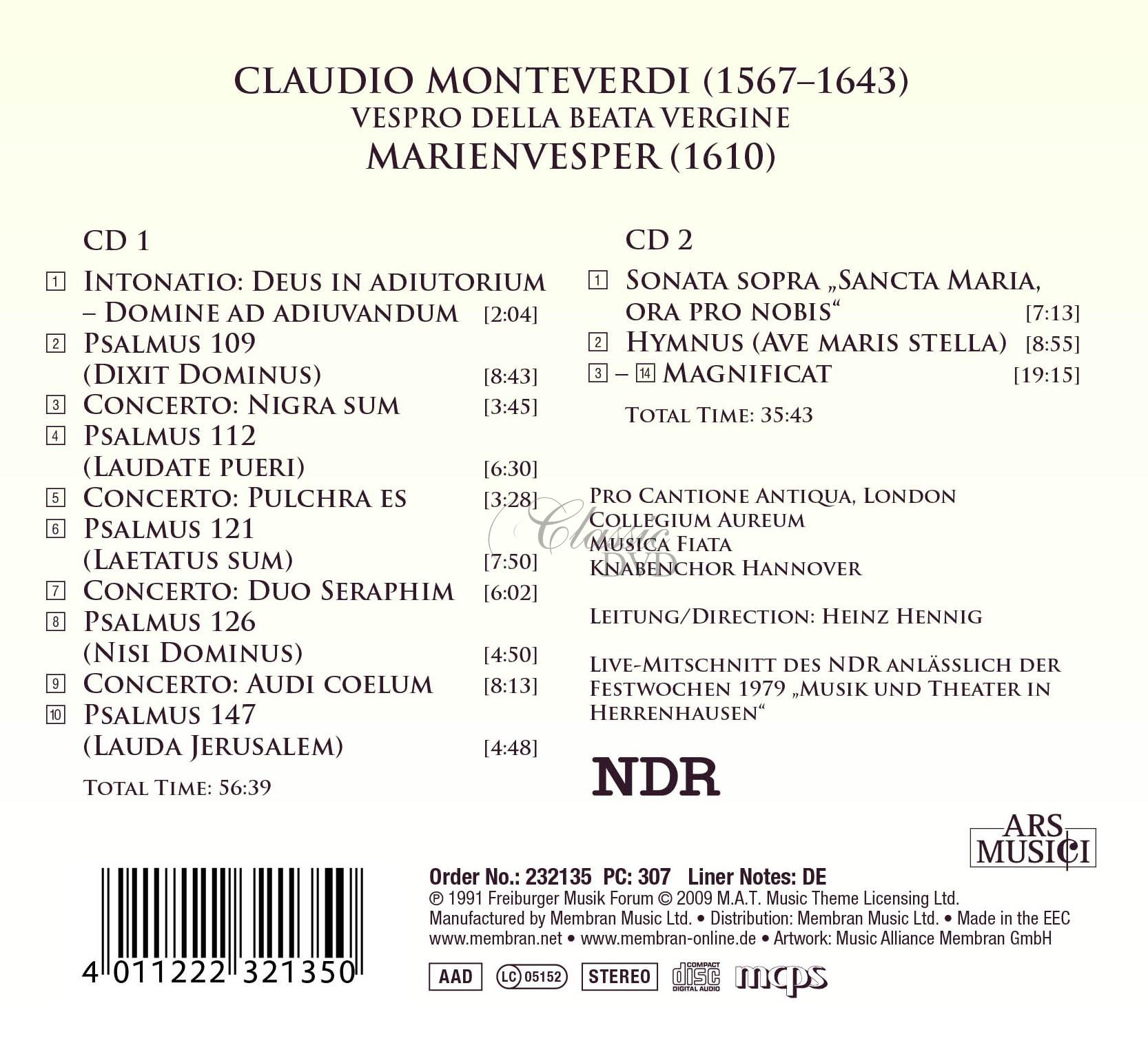 MONTEVERDI Vespro Della Beata Vergine, Marienvesper 1610 (2CD)