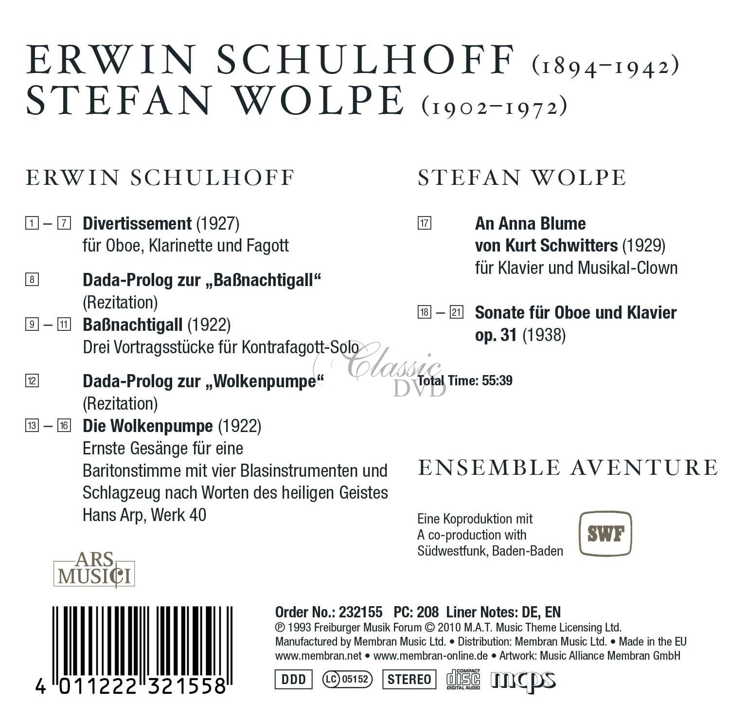 Erwin Schulhoff, Stefan Wolpe - Divertissement for Oboe, Clarinet and Bassoon (CD)