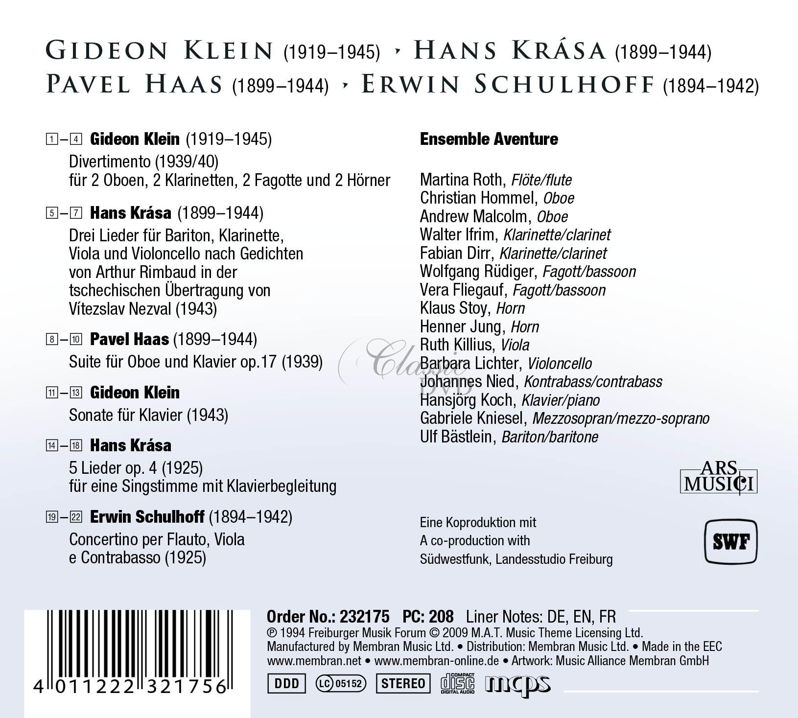 Gideon Klein • Hans Krása • Pavel Haas • Erwin Schulhoff – Ensemble Aventure (CD)