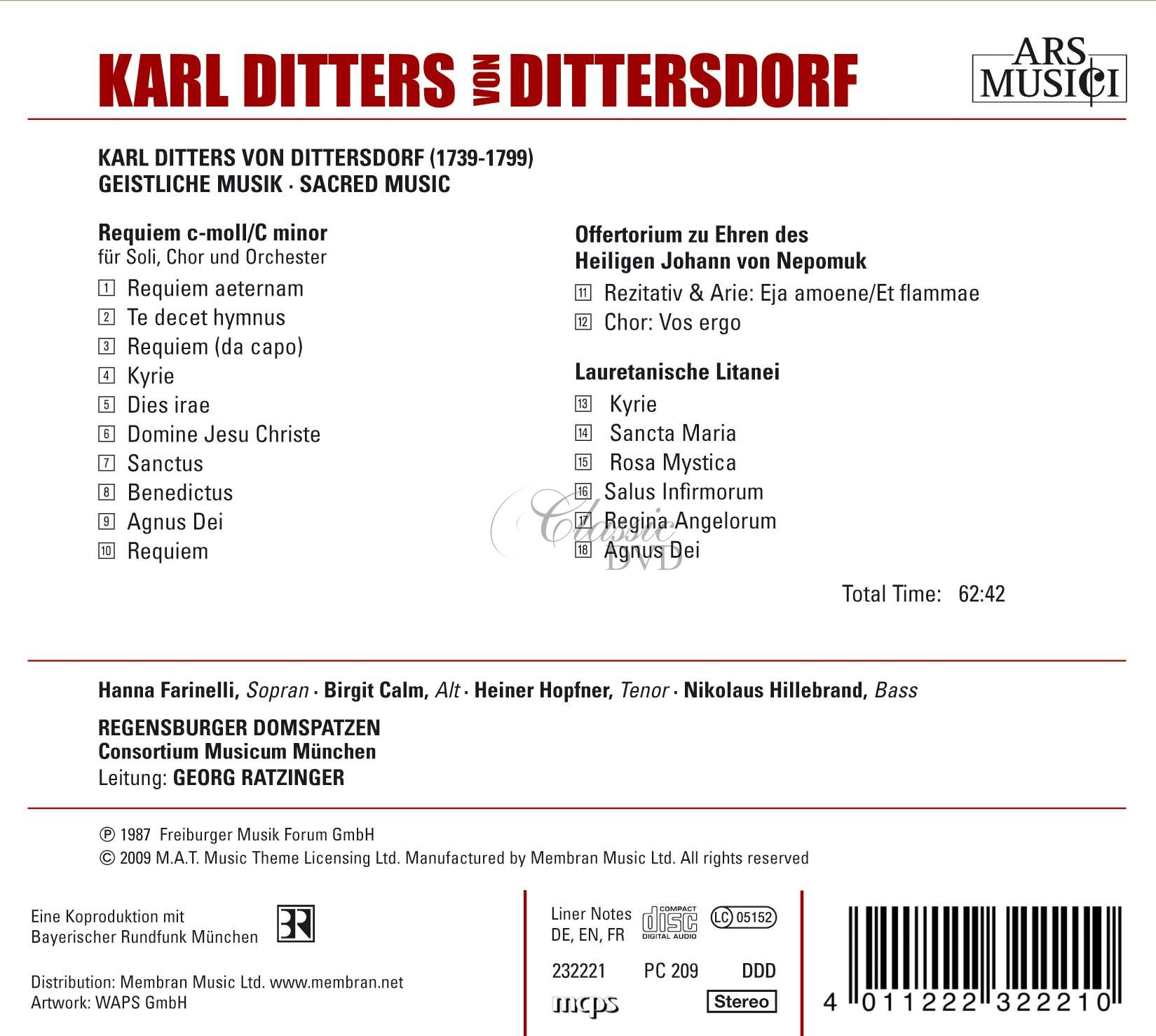 Karl Ditters von Dittersdorf - Requiem c-moll, Offertorium, Lauretanische Litanei (CD)
