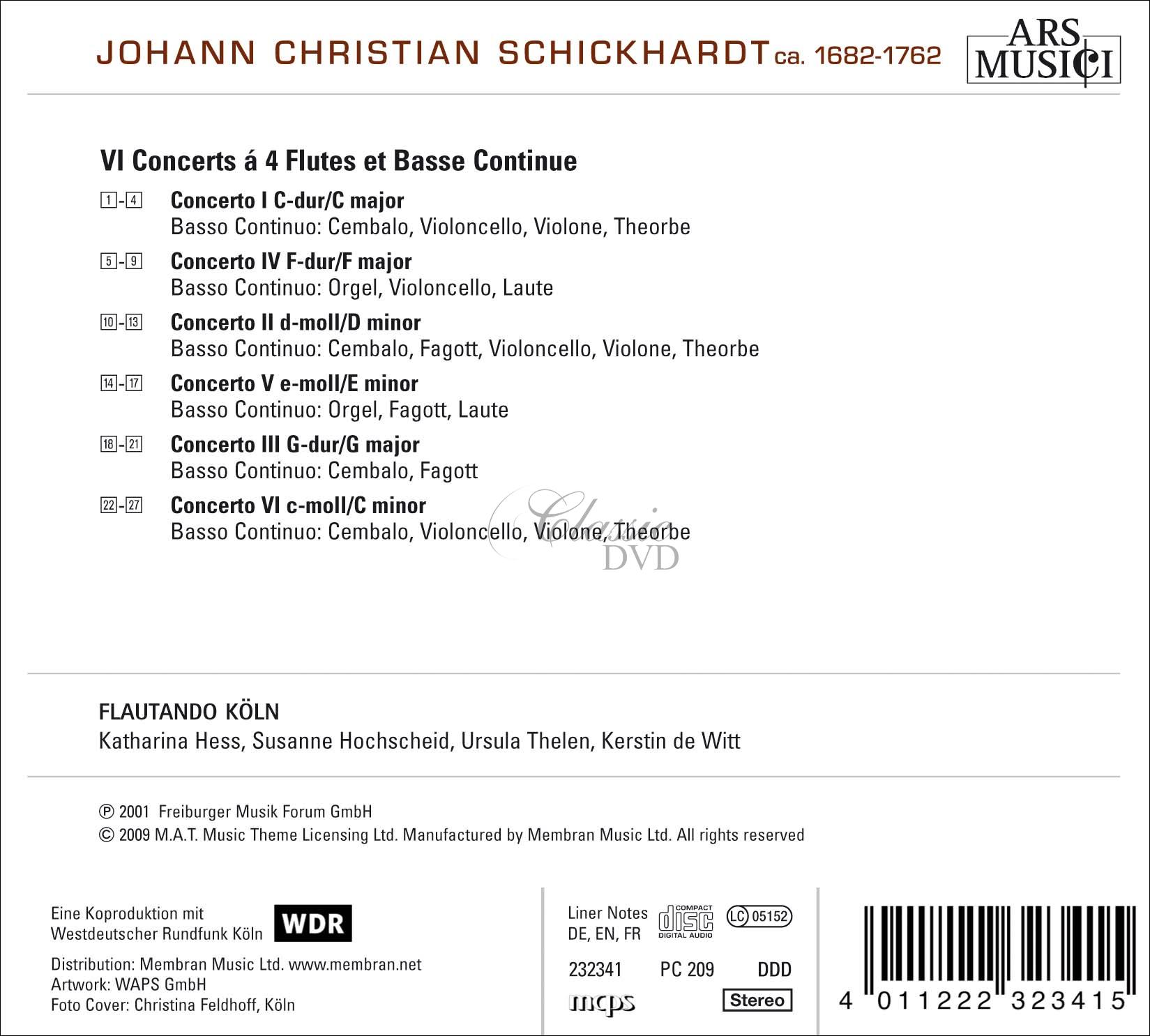 Johann Christian Schickhardt - 6 Concertos for 4 Flutes and Basso Continuo (CD)