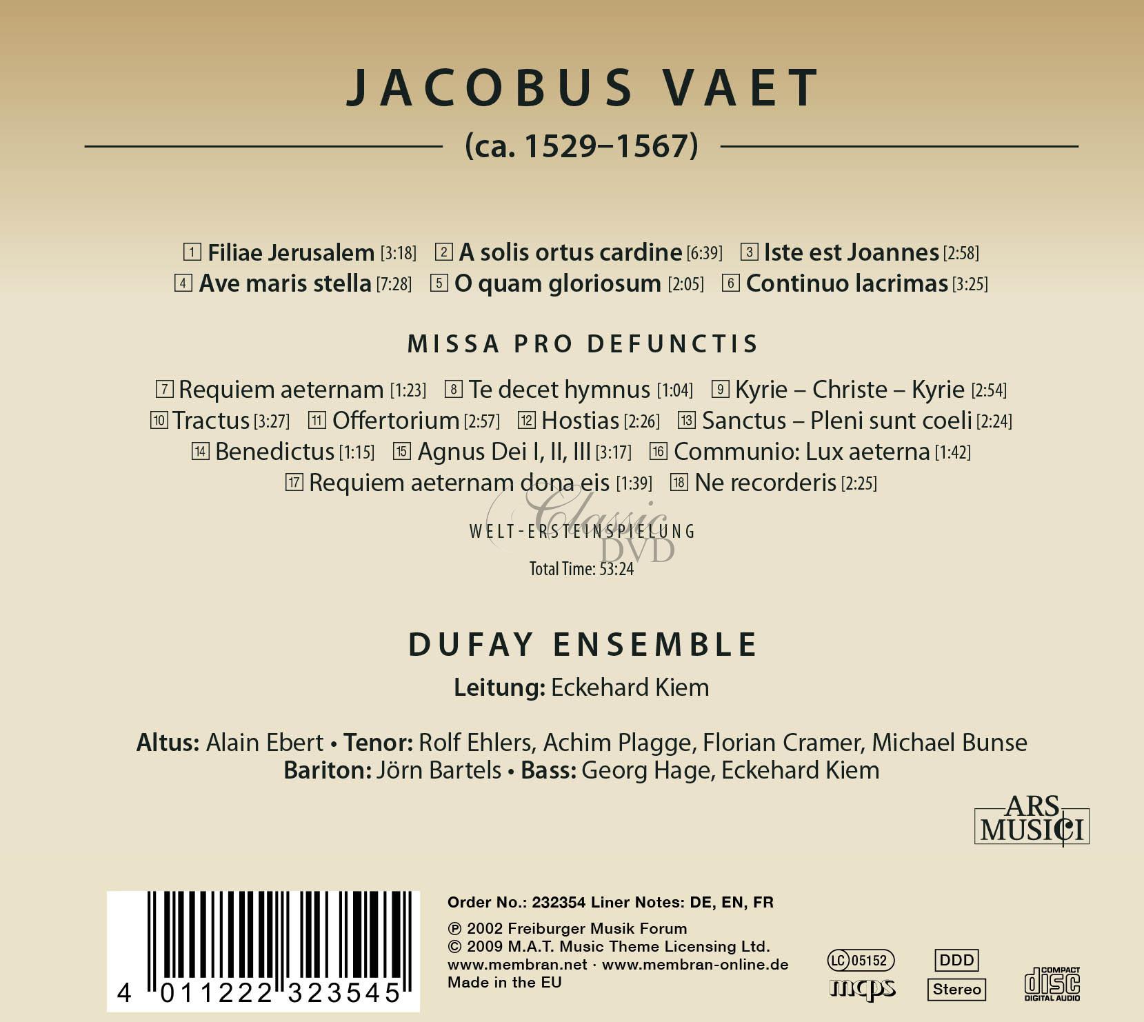JACOBUS VAET Continuo lacrimas; Requiem Missa pro Defuncis (CD)