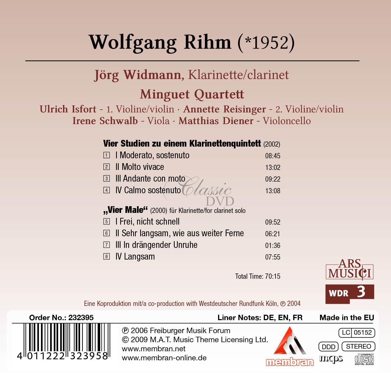 Wolfgang Rihm - 4 Studien zu einem Klarinettenquintett (CD)