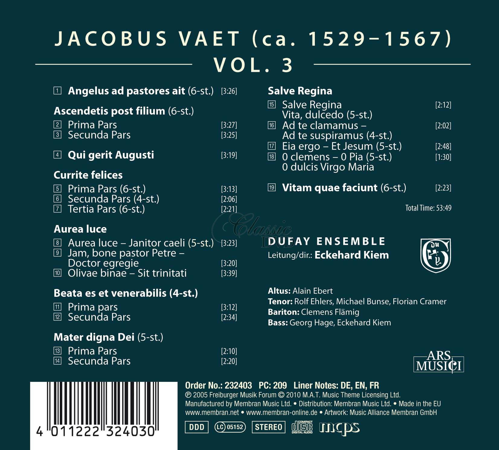 JACOBUS VAET Vol. 3: "Salve Regina" - Sacred Motets - Motets Of Praise (CD)