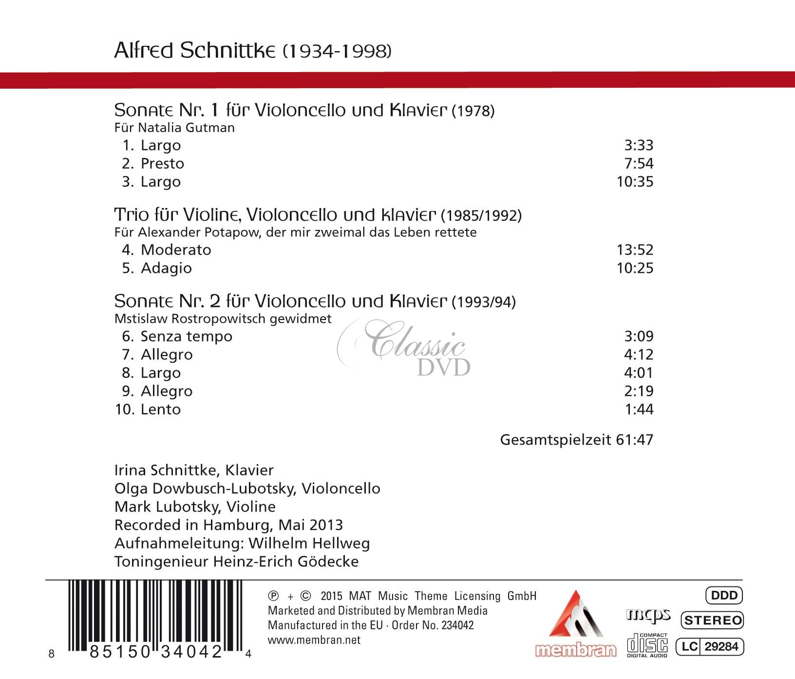 Alfred Schnittke - Cellosonaten Nr.1 & 2, Trio Fur Violine, Violoncello Und Klavier (CD)