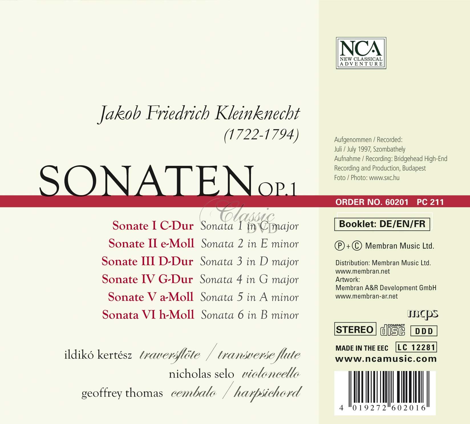 Jakob Friedrich Kleinknecht - Sonaten für Traversföte & Basso Continuo op.1 Nr.1-6 (CD)