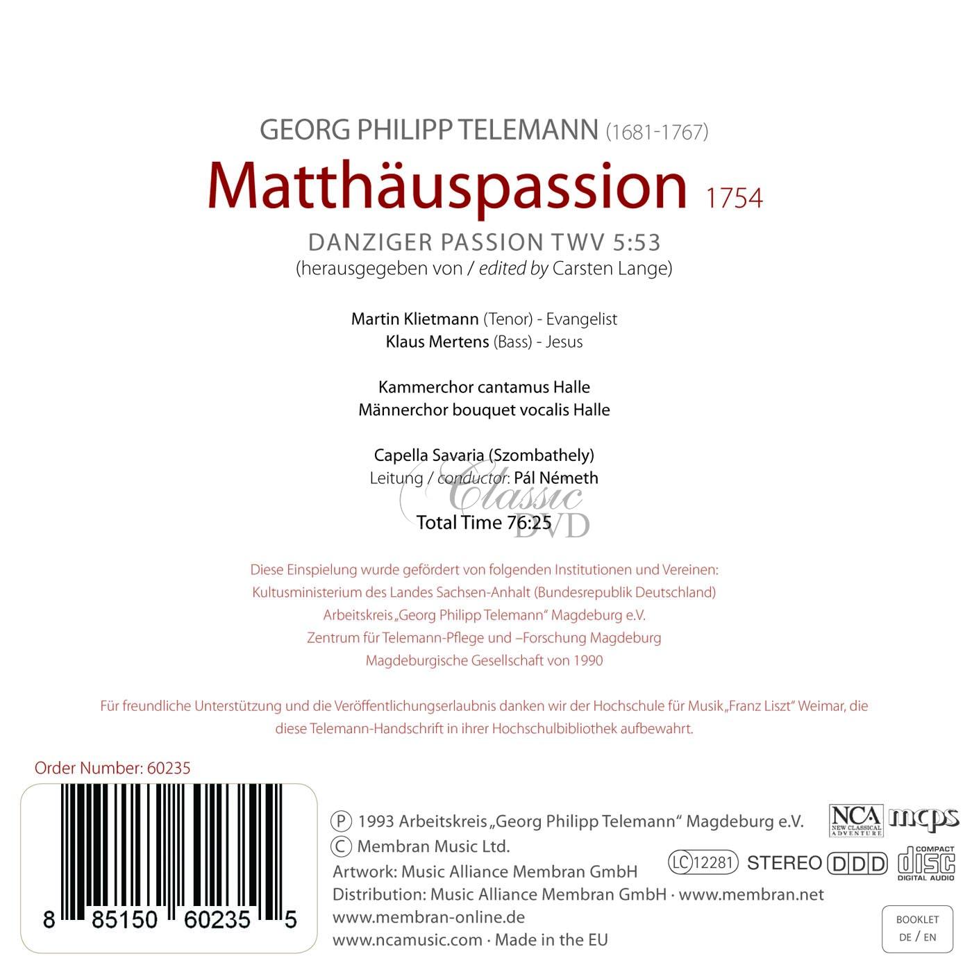 Georg Philipp Telemann - Matthäus-Passion 1754 (CD)