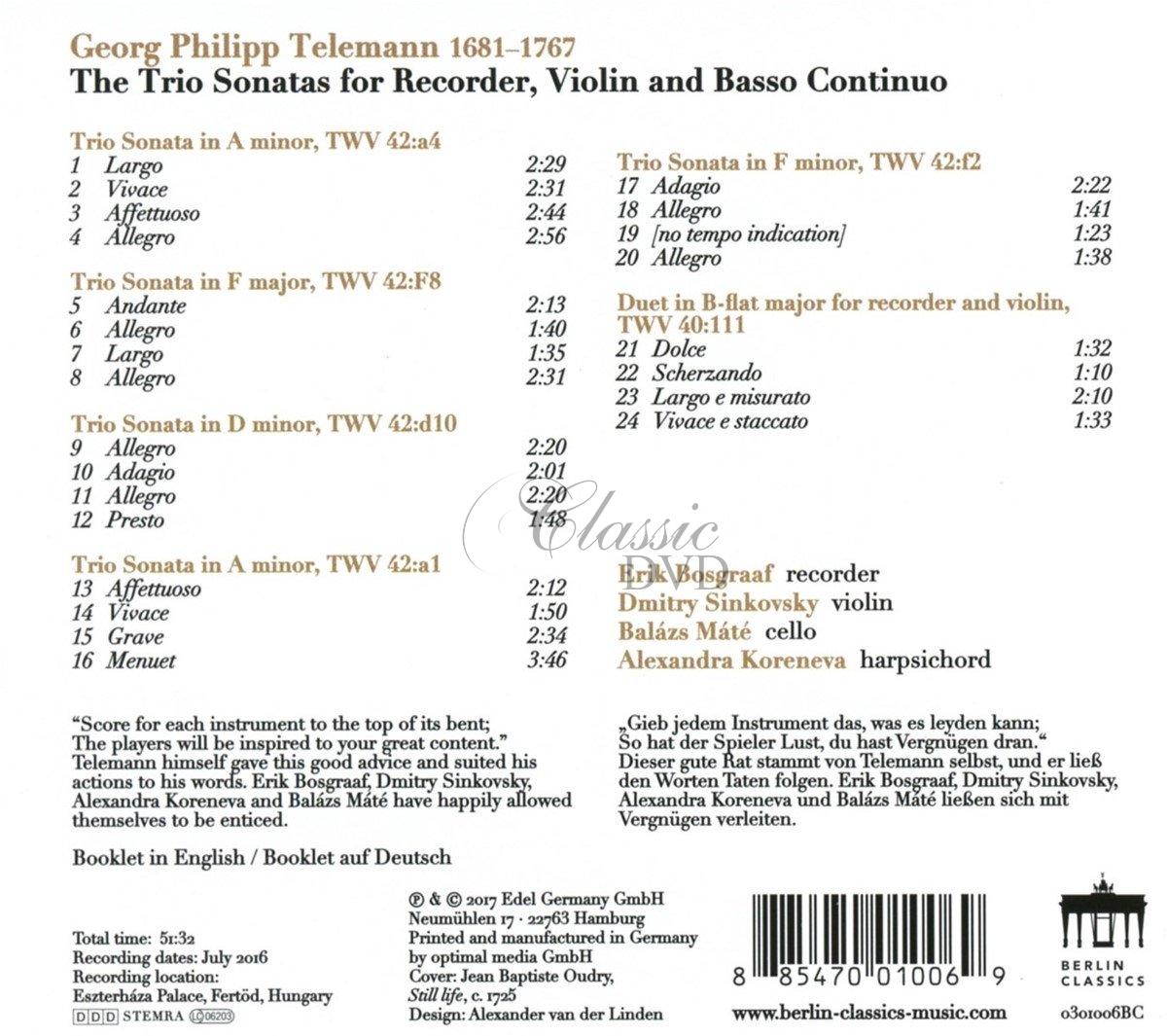 Telemann: Trio Sonatas for Recorder, Violin and Basso Continuo (CD)