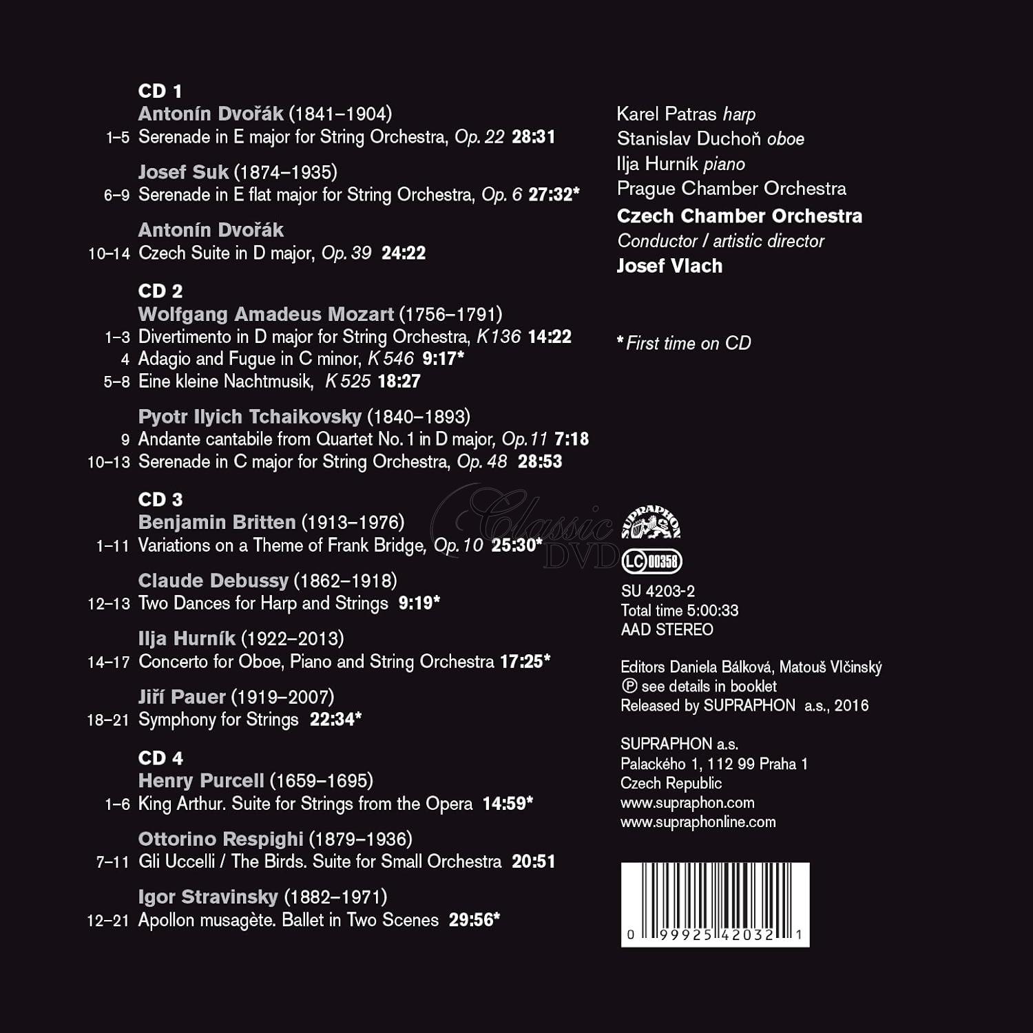 Josef Vlach : Legendární nahrávky BRITTEN, DEBUSSY, DVOŘÁK, HURNÍK, MOZART, PAUER, PURCELL, RESPIGHI, STRAVINSKY, SUK, TCHAIKOVSKY (4CD)