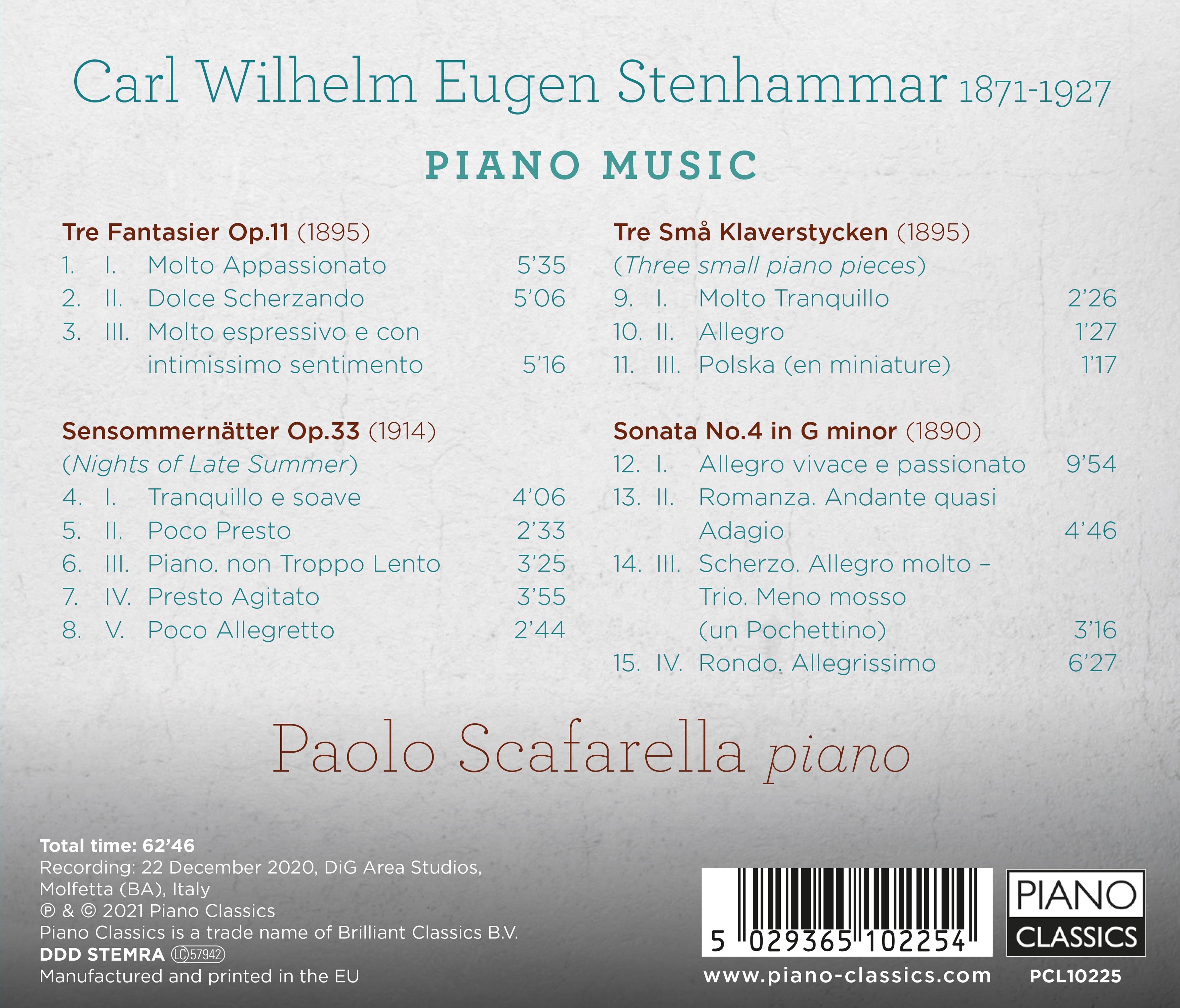 CARL WILHELM EUGEN STENHAMMAR Piano Music. Paolo Scafarella (CD)