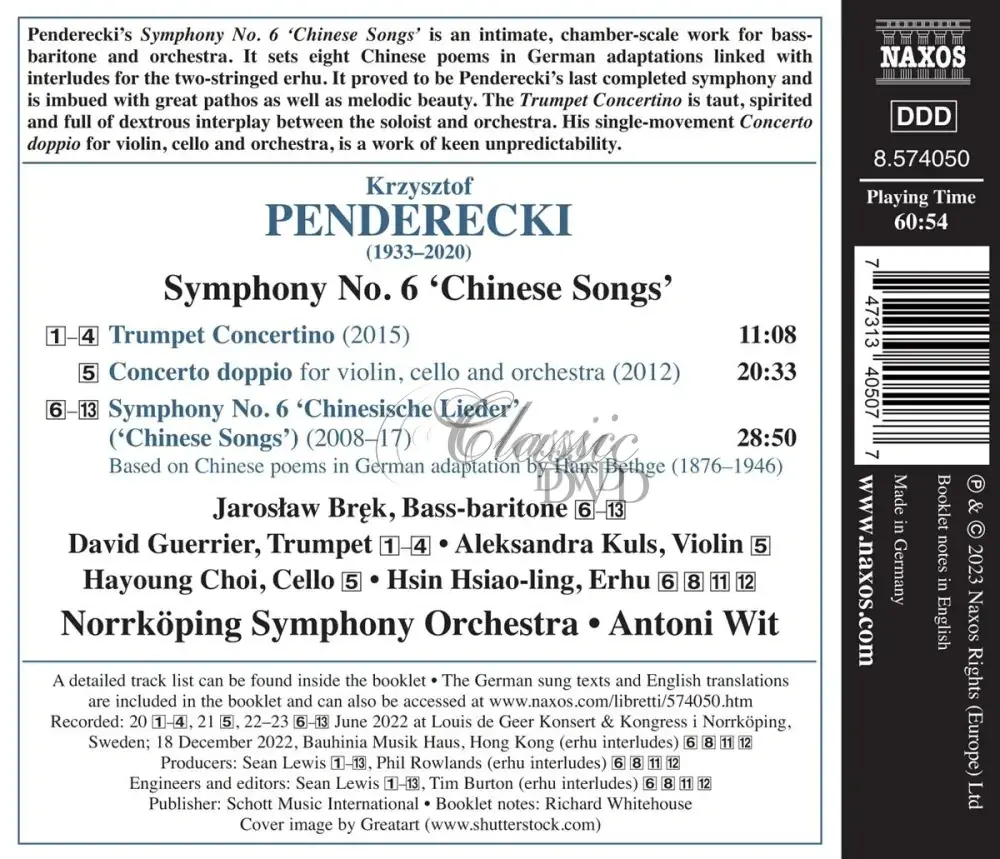 PENDERECKI, K.: Symphony No. 6, "Chinese Songs" / Trumpet Concertino / Concerto doppio (CD)
