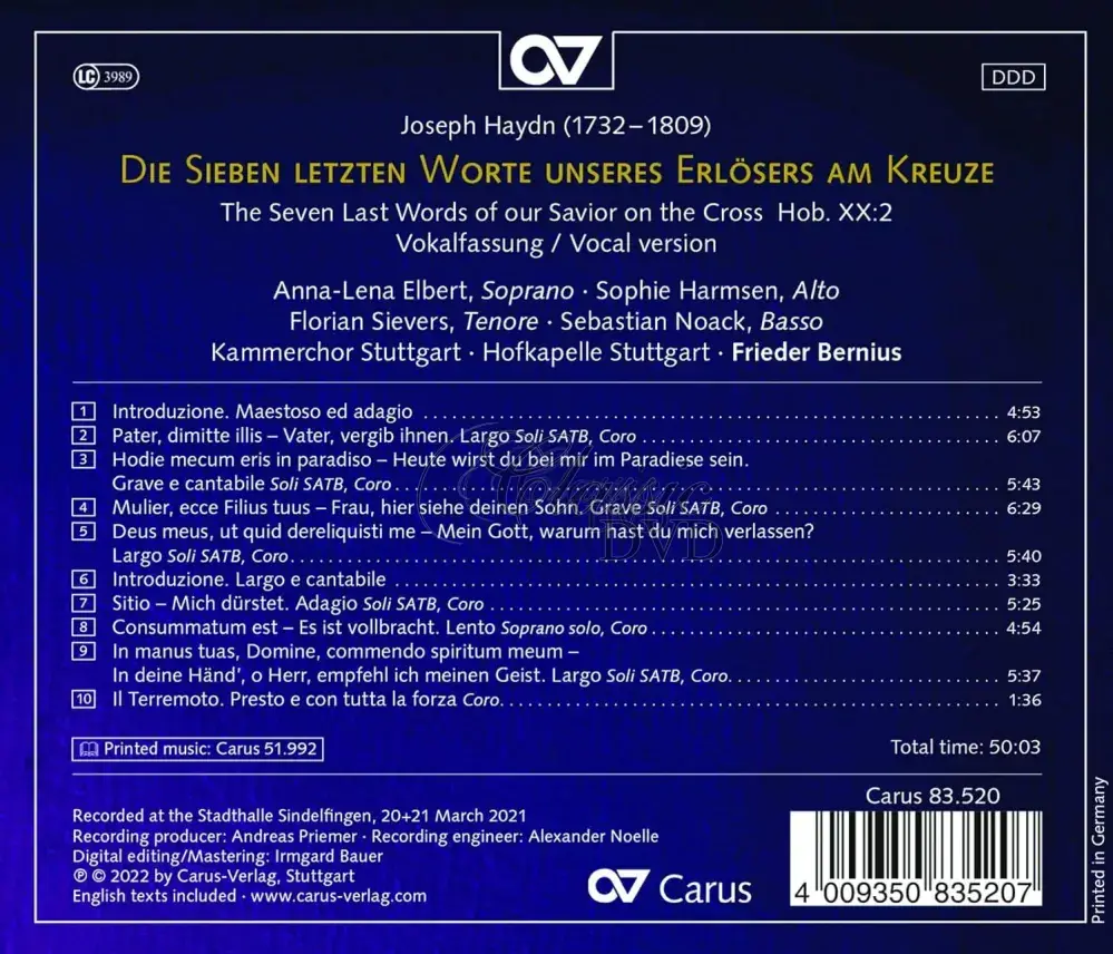 HAYDN,J.: Posledních Sedm Slov Vykupitelových na Kříži / Die sieben letzten Worte unseres Erlösers (CD)
