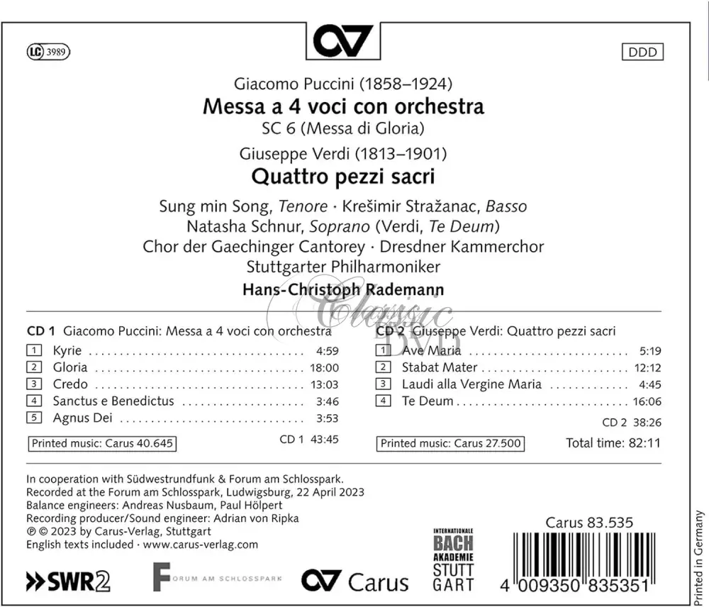 Puccini - Messa di Gloria; Verdi - Quattro pezzi sacri (2CD)
