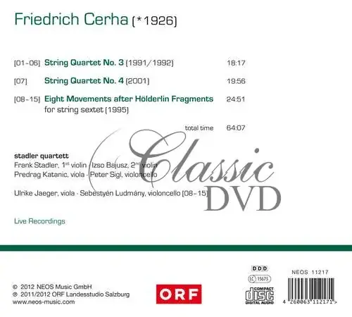Friedrich Cerha: String Quartet Nos. 3 & 4 – Eight Movements after Hölderlin Fragments (CD)
