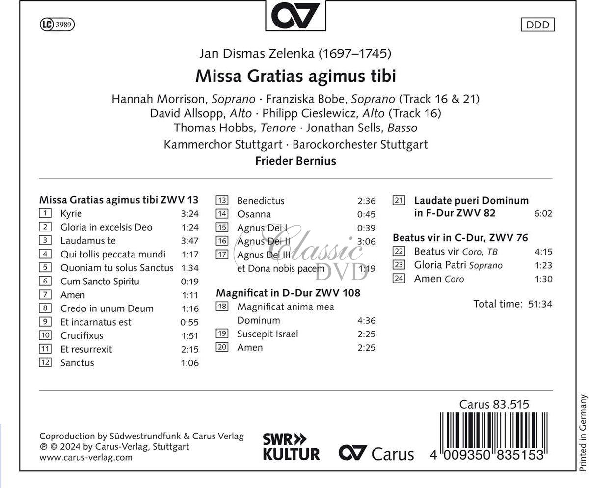 JAN DISMAS ZELENKA Missa Gratias agimus tibi ZWV 13; Magnificat D-Dur ZWV 108; Laudate pueri Dominum F-Dur ZWV 82; Beatus vir C-Dur ZWV 76 (CD)