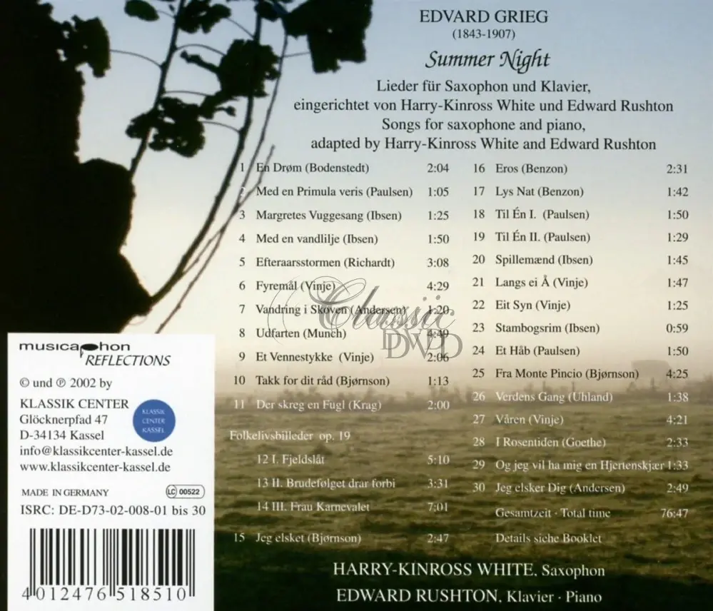 Edvard Grieg: Lieder arrangiert für Saxophon & Klavier "Summer Night" (CD)