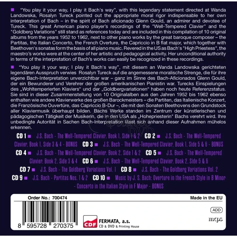 ROSALYN TURECK PLAYS BACH - MILESTONES OF A LEGEND (10CD)