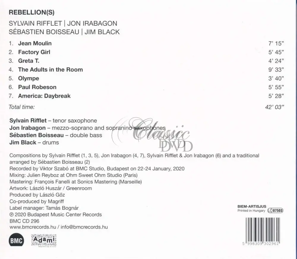 Sylvain Rifflet | Jon Irabagon | Sébastien Boisseau | Jim Black - Rebellion​(​s) (CD)