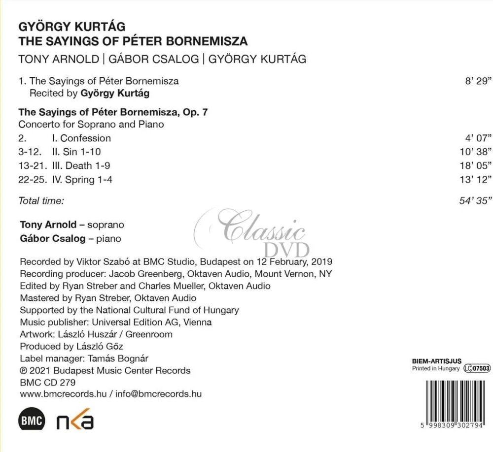 György Kurtág: The Sayings of Péter Bornemisza (CD)
