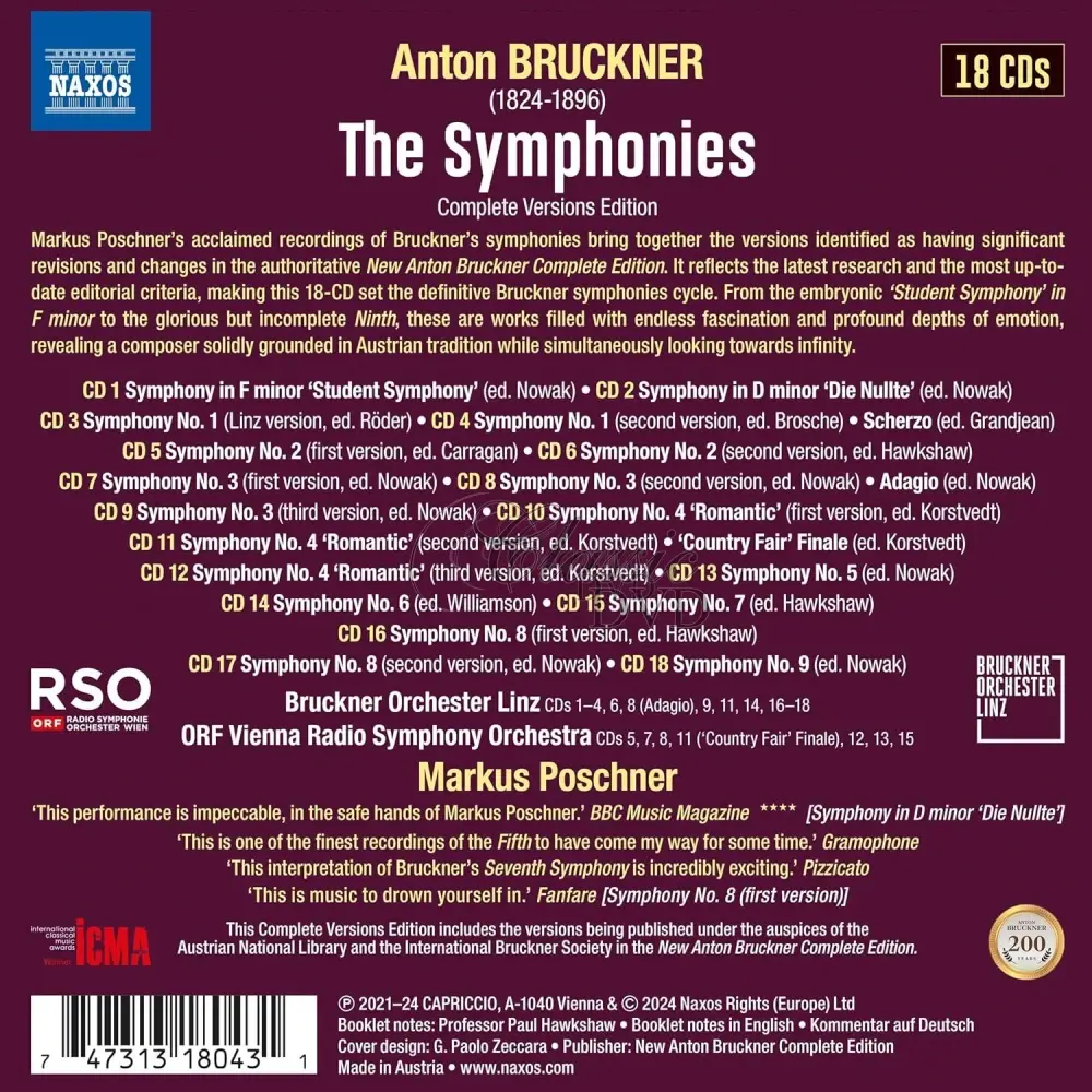 BRUCKNER The Symphonies - Complete Symphony Versions Edition (19CD)