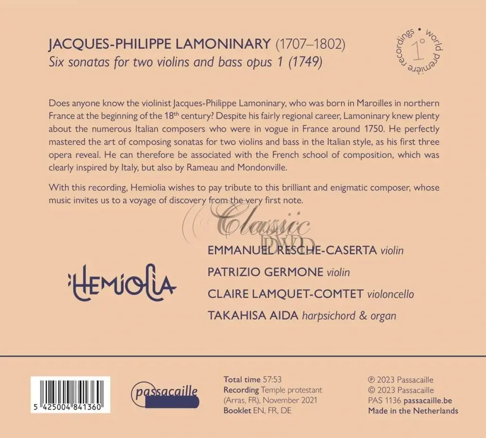 Jacques-Philippe Lamoninary: Six Sonatas For Two Violins And Bass Opus 1 (CD)