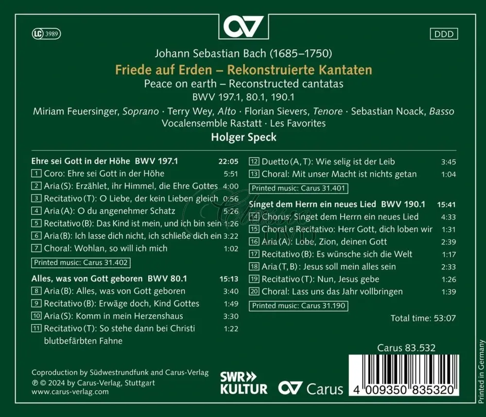 JS Bach - Friede auf Erden: Reconstructed Cantatas BWV 197.1, 80.1, 190.1 (CD)