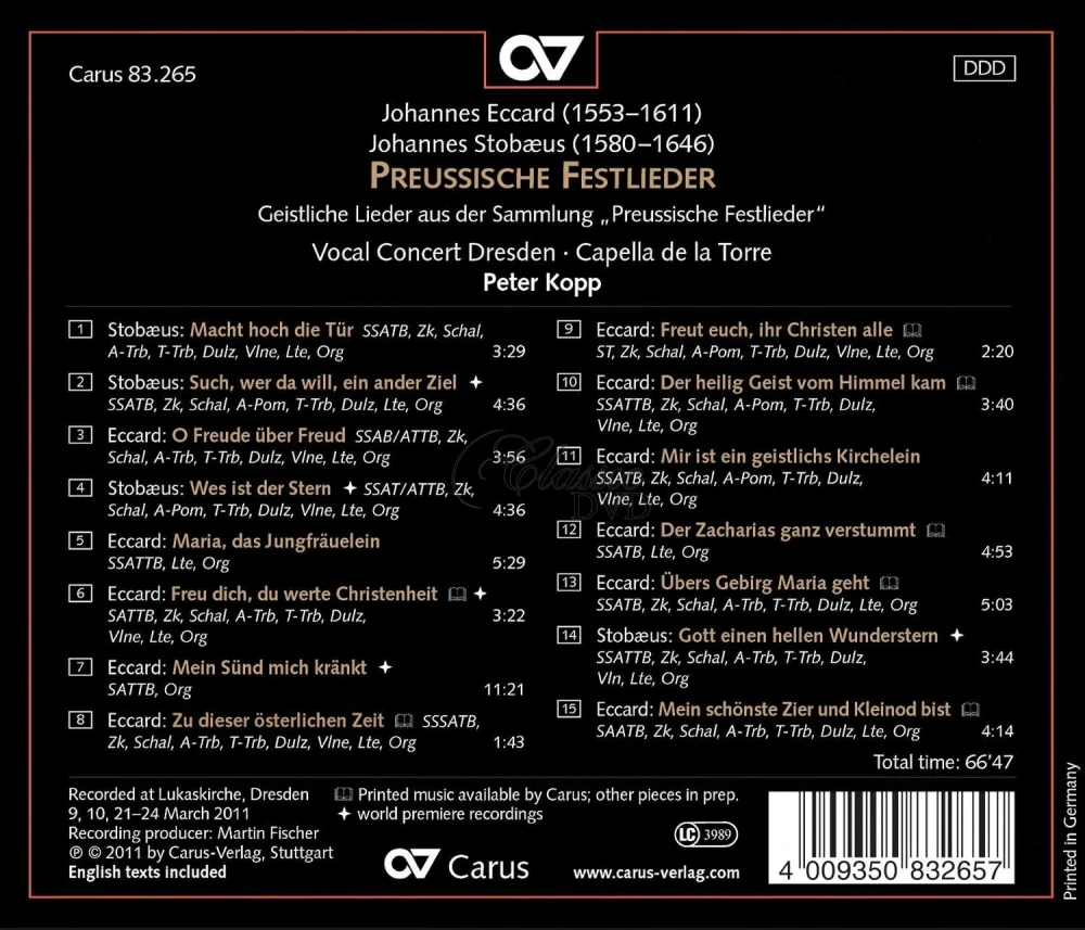 Johannes Eccard: Preussische Festlieder / Prussian Sacred Songs (CD)