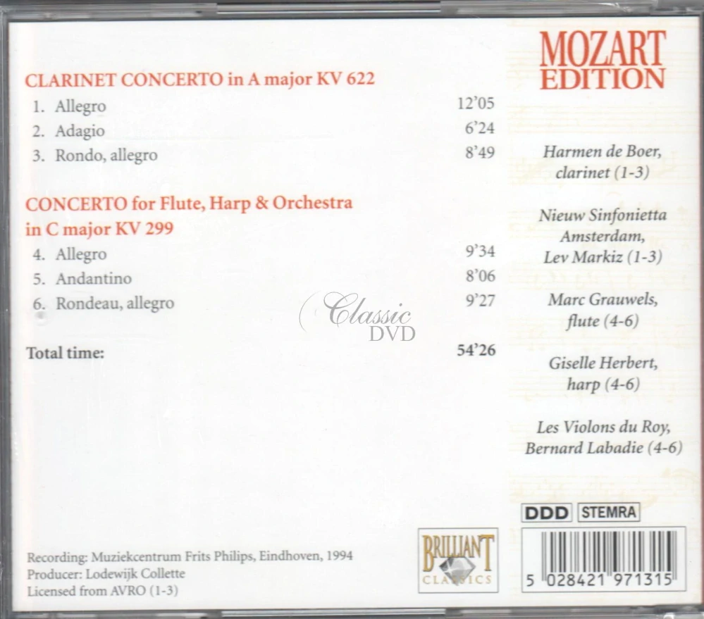 MOZART,W.A.: Clarinet Concerto KV622; Concerto for Flute, Harp & Orchestra KV299 (CD)