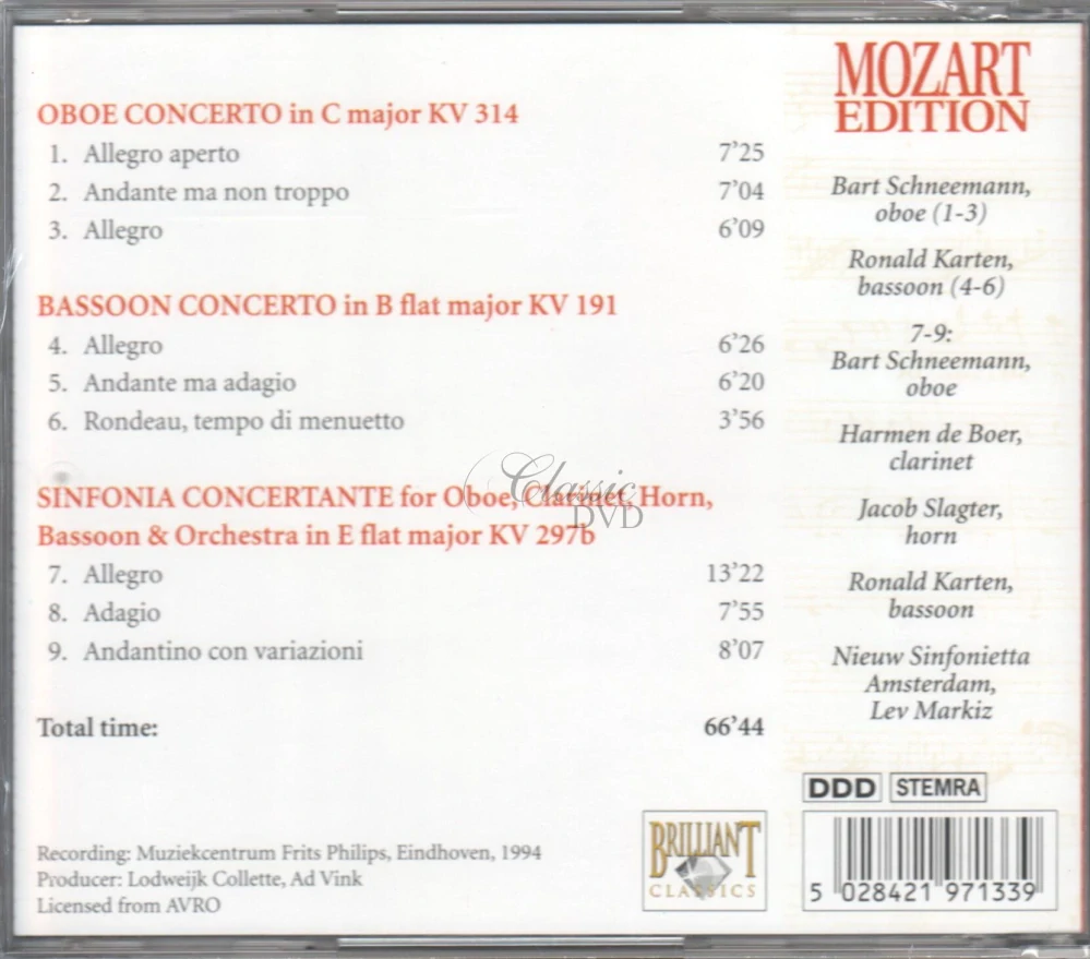 MOZART,W.A.: Oboe concerto KV314; Bassoon concerto KV191; Sinfonia concertante KV297b (CD)