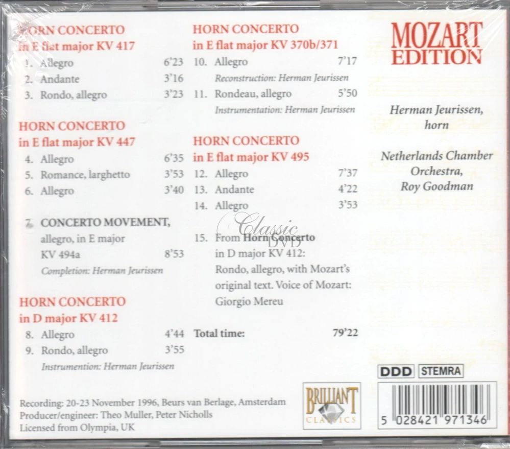 MOZART,W.A.: Horn concertos KV417, 447, 412, 370b/371, 495 Concerto movement KV494a (CD)